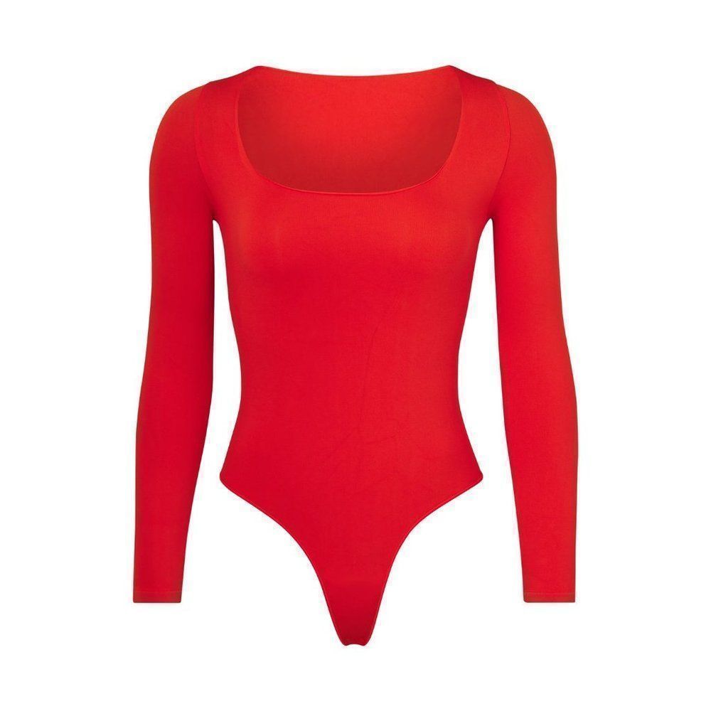 CT1167a NWT SKIMS JELLY SHEER LONG SLEEVE SCOOP NECK BODY SUIT POPPY